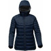 A women's thermal jacket in navy blue with a hood, featuring a quilted design and a front zipper. A women's thermal jacket in navy blue with a hood, featuring a quilted design and a front zipper.
