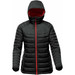 A women's thermal jacket in black with a red interior, featuring a hood and quilted design. Branding is visible.