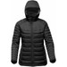 A black women's thermal jacket with a hood, featuring a zip-up front and quilted design. It has a logo on the sleeve.