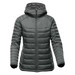 A women's thermal jacket in dark green with a hood, featuring a zip front and quilted design. It has a logo on the sleeve.