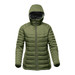 A green insulated women's jacket with a hood, featuring a zip front and a quilted design. It has a logo on the chest. A green insulated women's jacket with a hood, featuring a zip front and a quilted design. It has a logo on the chest.