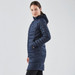 A navy women's parka jacket with a hood, featuring a quilted design and side pockets. It has a logo on it.