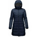A navy women's parka jacket with a hood, featuring a quilted design and full-length zipper. It includes a branding logo. A navy women's parka jacket with a hood, featuring a quilted design and full-length zipper. It includes a branding logo.