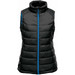A black women's thermal vest featuring a high collar and contrasting blue zipper. It has a padded design and a logo.