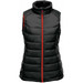 A black thermal vest with a high collar and red zipper, featuring quilted padding and no sleeves. A black thermal vest with a high collar and red zipper, featuring quilted padding and no sleeves.