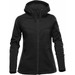 A black women's hoodie with a zip front and adjustable hood, featuring zippered side pockets and a branded logo. A black women's hoodie with a zip front and adjustable hood, featuring zippered side pockets and a branded logo.