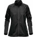 A women's lightweight softshell jacket in black with long sleeves and a collar, featuring a logo. A women's lightweight softshell jacket in black with long sleeves and a collar, featuring a logo.
