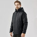 A black men's jacket with a hood, featuring a sleek design and pockets on either side. It has a logo on it.