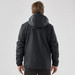 A black men's jacket with a hood, featuring a simple design and a logo on the back.