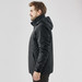A black men's jacket with a hood, featuring a sleek design and side pockets. It includes a logo on the fabric.