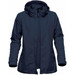 A navy women's jacket with a detachable hood, featuring zippers and a sleek design. It has a logo. A navy women's jacket with a detachable hood, featuring zippers and a sleek design. It has a logo.