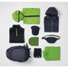 A grey backpack, black and green clothing items, a cap, a beanie, gloves, and a waist pack arranged neatly.