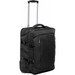 A black wheeled carry-on bag with a retractable handle and zippers, featuring straps and a logo.