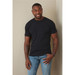 A fitted black men's T-shirt displayed on a model, paired with blue jeans. The shirt features a logo.