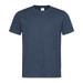 A navy blue heavyweight crew neck T-shirt with short sleeves and a tag inside. It features a logo on the label.