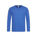 A blue long-sleeve T-shirt with a round neckline and a logo. A blue long-sleeve T-shirt with a round neckline and a logo.