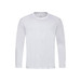 A white long sleeve t-shirt with a crew neck and a logo tag on the collar. A white long sleeve t-shirt with a crew neck and a logo tag on the collar.