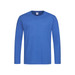 A blue long-sleeve t-shirt with a round neckline and a logo on the label.