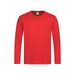 A red long sleeve T-shirt with a crew neckline and a tag inside. Features a logo on the upper inner neck.