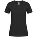 A black women's classic organic crew neck t-shirt with short sleeves and a label at the neckline.