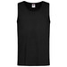 A black men's classic tank top with a round neckline and a logo label on the interior. A black men's classic tank top with a round neckline and a logo label on the interior.