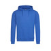 A blue men's hooded sweatshirt featuring a front pocket and drawstring hood. It has a simple design with a logo.
