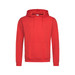 A red men's hooded sweatshirt featuring a front pocket and a logo on the label.