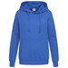 A women's hooded sweatshirt in blue, featuring a large front pocket and a branding logo. A women's hooded sweatshirt in blue, featuring a large front pocket and a branding logo.