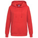 A red women's hooded sweatshirt with a front pocket and drawstrings. It features a logo on the front. A red women's hooded sweatshirt with a front pocket and drawstrings. It features a logo on the front.