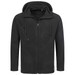 A black hooded fleece jacket featuring a zip front and pockets, with a logo on the side. A black hooded fleece jacket featuring a zip front and pockets, with a logo on the side.
