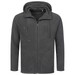 A men's active hooded fleece jacket in dark grey with a zip front and two pockets. It features a logo. A men's active hooded fleece jacket in dark grey with a zip front and two pockets. It features a logo.