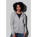 A grey women's active sweatjacket with a zip front and hood, featuring side pockets and a logo. A grey women's active sweatjacket with a zip front and hood, featuring side pockets and a logo.
