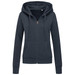 A women's active sweatjacket in dark grey, featuring a zip-up front, hood, and pockets. It includes a logo. A women's active sweatjacket in dark grey, featuring a zip-up front, hood, and pockets. It includes a logo.