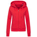 A red women's active sweatjacket with a zip front and a hood, featuring pockets and a logo. A red women's active sweatjacket with a zip front and a hood, featuring pockets and a logo.