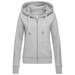 A grey women's active sweatjacket with a hood, featuring a zip front and a logo. A grey women's active sweatjacket with a hood, featuring a zip front and a logo.