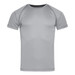 A short-sleeved, light grey active T-shirt with raglan sleeves and a logo. A short-sleeved, light grey active T-shirt with raglan sleeves and a logo.