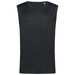 A black sleeveless active shirt with a smooth texture and no visible logos. A black sleeveless active shirt with a smooth texture and no visible logos.