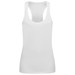 A white women's active tank top with a scoop neckline and racerback design, featuring a small logo. A white women's active tank top with a scoop neckline and racerback design, featuring a small logo.