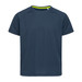 A navy blue kids' t-shirt with raglan sleeves and a contrast neckline. It features a logo on the side. A navy blue kids' t-shirt with raglan sleeves and a contrast neckline. It features a logo on the side.