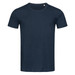 A navy blue crew neck t-shirt with short sleeves and a plain design. It features a logo on the tag. A navy blue crew neck t-shirt with short sleeves and a plain design. It features a logo on the tag.