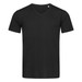 A black men's V-neck t-shirt with short sleeves and a simple design. It features a small logo. A black men's V-neck t-shirt with short sleeves and a simple design. It features a small logo.