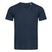 A navy blue men's t-shirt with a V-neck design. The shirt features a small logo on the neckline. A navy blue men's t-shirt with a V-neck design. The shirt features a small logo on the neckline.