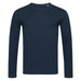 A long sleeve, navy blue T-shirt featuring a round neckline and a simple design, with a logo on the front.