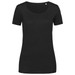 A black women's t-shirt with a scoop neckline and short sleeves, featuring a branding logo.