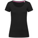 A black women's T-shirt with a crew neck and short sleeves, featuring a contrasting inner neckline and a logo. A black women's T-shirt with a crew neck and short sleeves, featuring a contrasting inner neckline and a logo.