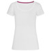 A white women's crew neck t-shirt with a pink detail at the neckline. It features a small logo. A white women's crew neck t-shirt with a pink detail at the neckline. It features a small logo.