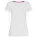 A white women's t-shirt featuring a V-neck design and short sleeves, with a hint of purple detail inside the neckline. A white women's t-shirt featuring a V-neck design and short sleeves, with a hint of purple detail inside the neckline.