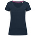 A navy women's V-neck t-shirt with short sleeves and a pink neckline, featuring a logo. A navy women's V-neck t-shirt with short sleeves and a pink neckline, featuring a logo.