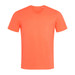 A bright orange crew neck t-shirt with short sleeves and a subtle logo on the neckline. A bright orange crew neck t-shirt with short sleeves and a subtle logo on the neckline.