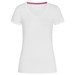 A white women's V-neck T-shirt with short sleeves and a purple trim inside the neckline. It features a logo. A white women's V-neck T-shirt with short sleeves and a purple trim inside the neckline. It features a logo.